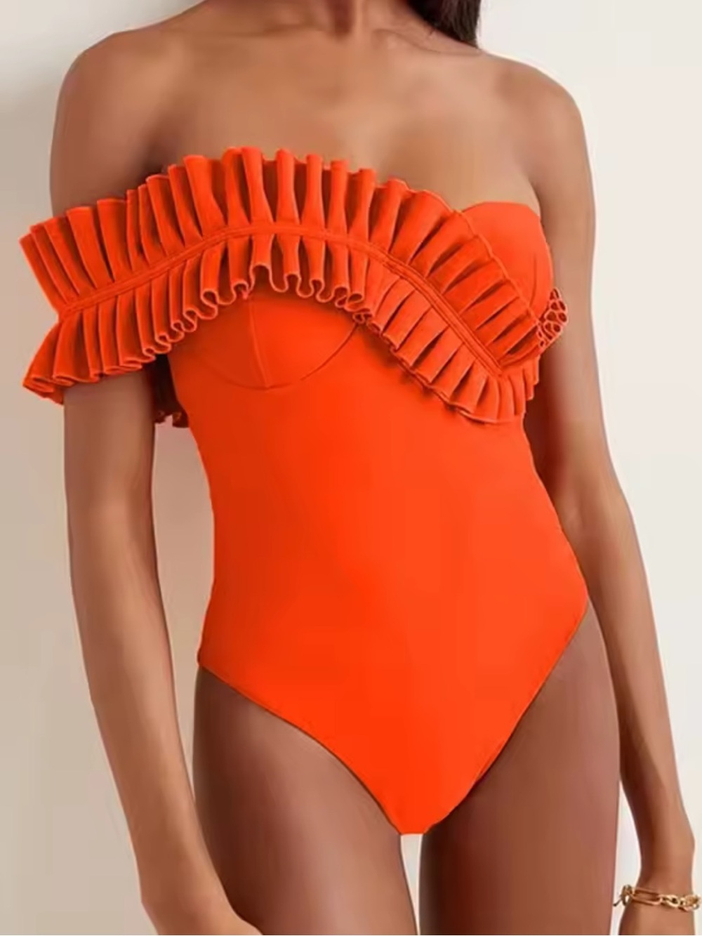 Ruffled One-Shoulder Bright Orange Swimsuit